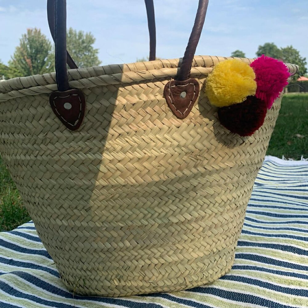 NWT straw basket bag with genuine leather straps - beach basket + 1 free gift - Picture 2 of 6